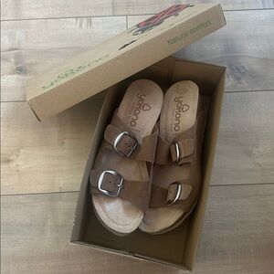 Yokono Women's Brown Leather Suede Wedge Sandals Size 7.5 Shoes Buckled Strap